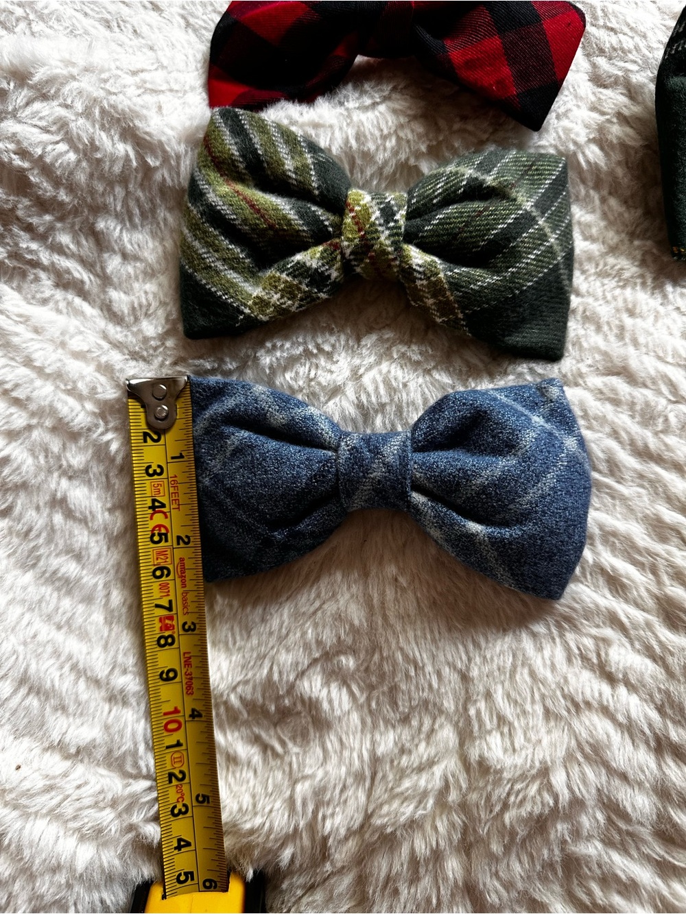 The Foggy Dog Holiday Plaid & Denim Bow Set in Red, Green, Blue - Picture 5 of 7